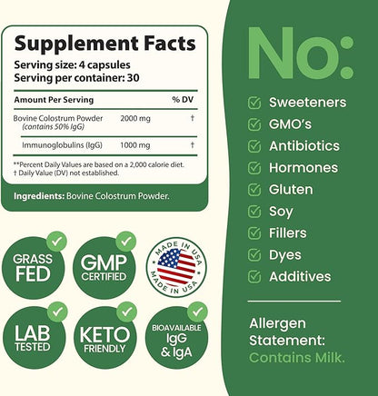 Super Colostrum Grass Fed Bovine Colostrum - 120 Capsules - Gut Health, Muscle Recovery, Energy, Hair, Skin & Immune Supplement | 50% IgG Cow Colostrum for Humans | Superfood, Gluten Free, Unflavored