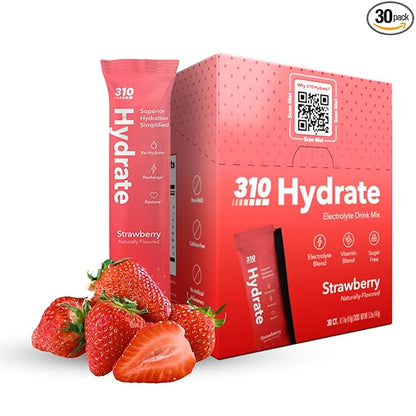 310 Hydrate Electrolytes Powder Packets - No Sugar Hydration Packets with Key Vitamins & Minerals - Keto Friendly - Tasty Sugar Free Electrolyte Drink - 30 Single Servings - Strawberry