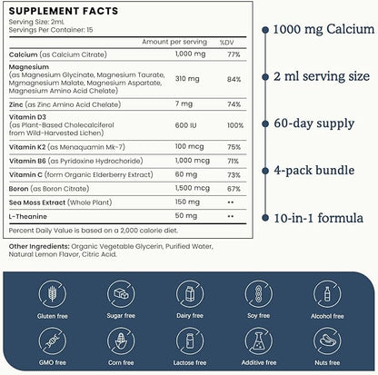 (4 Pack) 10 in 1 Calcium Magnesium Zinc Supplement, Magnesium Glycinate Complex Liquid Drops with Vitamin D3 K2 B6, Vegan Calcium Citrate Bone & Immune Health Support, Sleep & Cramps, Boron, 1 Fl Oz