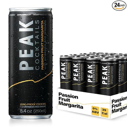 Peak Cocktails Non-Alcoholic Cocktail | Mixologist-made | Adaptogens, Nootropics, Superfoods for Recovery, Calm, Sleep | Ashwagandha, Tart Cherry, L-Theanine | Passion Fruit Margarita | 8.4oz, 24-Pack