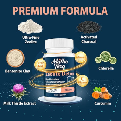 2300 MG Zeolite Detox Capsules - Activated Charcoal & Bentonite Clay, Highly Absorbable Full Body, Liver & Gut Cleanse, Zeolite Clinoptilolite（180 Capsules）