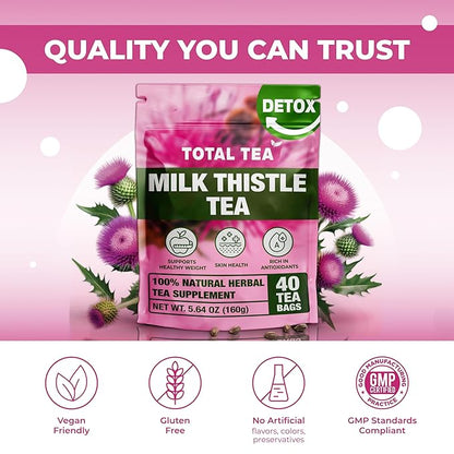 Total Tea 100% Natural Milk Thistle Seeds Tea for Liver Cleanse, Detox, Digestive Health and Immune System Support - 40 Count