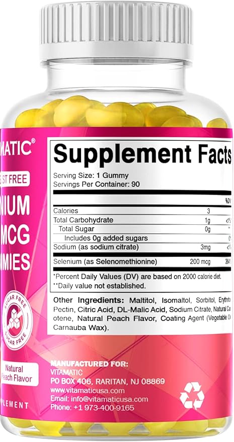 Vitamatic Yeast Free Selenium Gummies 200mcg as Selenomethionine Supplement Essential Trace Mineral with Superior Absorption 90 Pectin Based Gummies