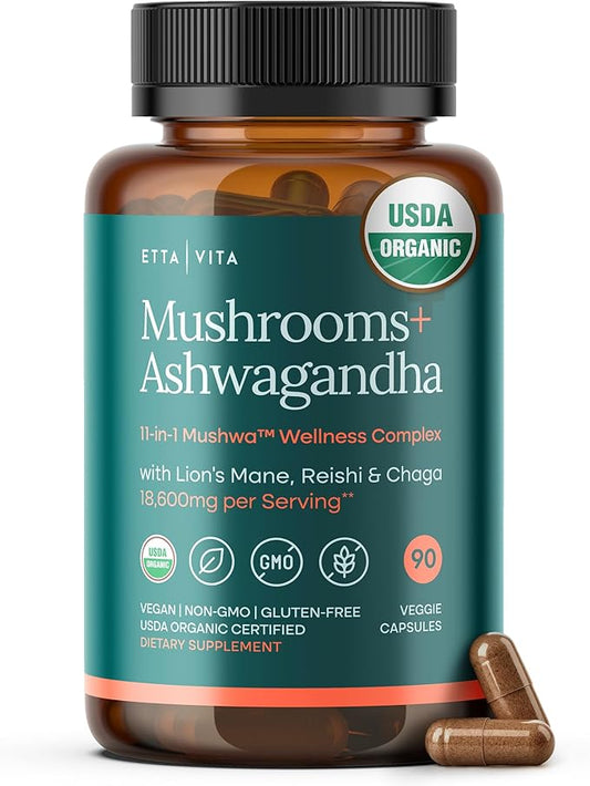 USDA Organic Lions Mane Supplement Capsules with Ashwagandha, Chaga, Reishi, Cordyceps, Turkey Tail (18,600mg/serv) 10x Adaptogenic Mushroom Complex as Focus Supplement - Energy, Immunity & Nootropic