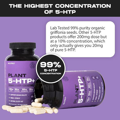 Organic Plant 5 HTP+ Supplement | Supports Memory, Mental Focus, Cognitive Health & Energy | Promotes Healthy Mood & Brain Function | Vitamin B6 & L Theanine | 120 Capsules