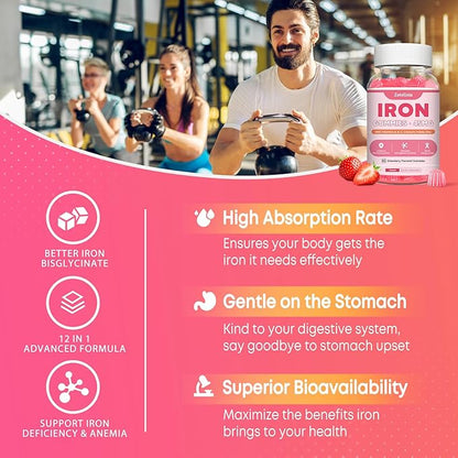 Vegan 2 Pack Iron Supplement Gummies for Women & Men, Anemia, Blood Builder & Energy Support for Iron Deficiency, with Vitamin C, A, B Complex, Folate, CoQ10, Sugar Free, Non-GMO, 120 Count