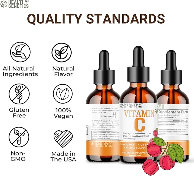Vitamin C Supplement | Liquid Vitamin C Liquid Drops for Adults & Kids | Acerola Cherry | Immune Support Supplement | Antioxidant | Skin | Vegan | Non-GMO | Gluten Free | 2 Fl