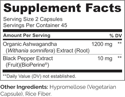 NATURELO Ashwagandha Organic Root Powder - Natural Herbs Supplement for Fatigue, Stress Relief, Mood Enhancer - with Black Pepper Extract - 90 Vegan Capsules (Pack of 2)