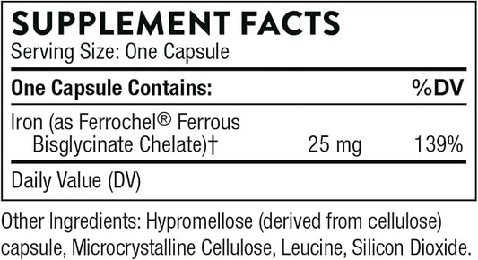 THORNE - Iron Bisglycinate - 25 mg Iron Supplement for Enhanced Absorption Without Gastrointestinal Side Effects* - NSF Certified for Sport - Gluten-Free - 60 Capsules