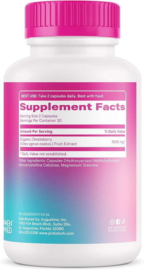 Pink Stork Organic Vitex – 1000 mg Chaste Tree Berry – Plant-Based Support for Perimenopause & Hormonal Harmony – Helps Maintain Cycle Regularity & Healthy Progesterone Balance – 60 Vegan Capsules