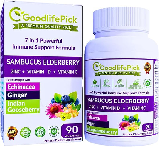 7X Elderberry with ZINC, Vitamin C, Vitamin D, Echinacea, Ginger & Indian Gooseberry (Amla).Premium Elderberry Capsules 90 ct, All Natural,Vegan,Non-GMO, No Rice Powder, No-Gluten, No Sugar