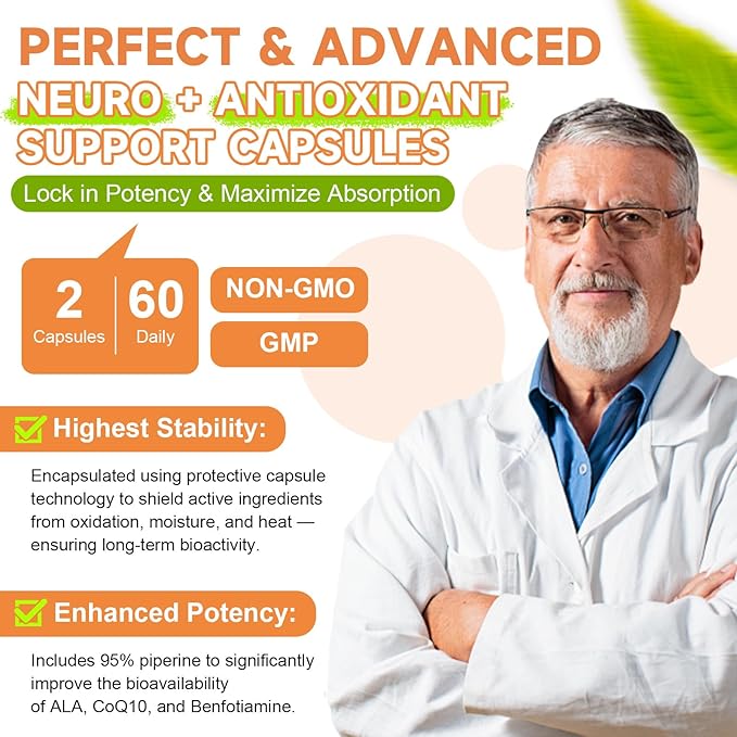 Alpha Lipoic Acid 600mg with Benfotiamine 300mg - ALA Supplement for Neuropathy Support Nerve Health & Antioxidant, Cell Energy, Metabolism and Anti-Aging, Non-GMO, Gluten Free, Vegan 120 Counts