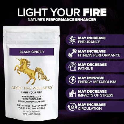 Addictive Wellness Black Ginger Capsules 450mg, Kaempferia Parviflora Supplement to Support Energy, Metabolism, Endurance & Performance, Thai Black Ginger for Men, Vegan & Paleo, 500 Count