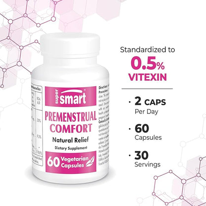 SuperSmart - Premenstrual Comfort (Advanced Formula) - Vitex Chasteberry Supplement for Women - Vitex Agnus-Castus & Vitamin B6 | Non-GMO & Gluten Free - 60 Vegetarian Capsules