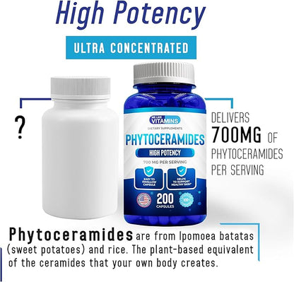 We Like Vitamins Phytoceramides 700mg - 200 Capsules All Natural Wheat Free and Plant Based - Phytoceramide Supplement - 700 mg per Serving - Skin Hydration, Repair, Rejuvination