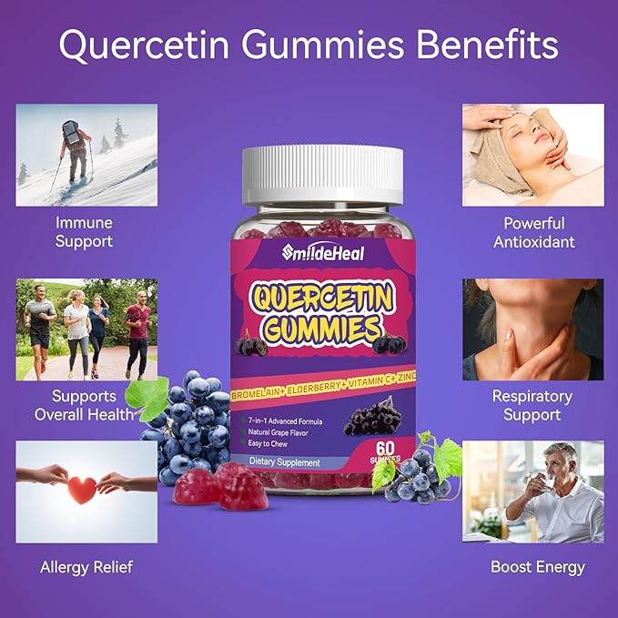 Quercetin Gummies 1200MG, Quercetin Gummies with Bromelain, Zinc Vitamin C, Quercetin Supplement Gummies for Adult & Kid, 60 Vegan Gummies