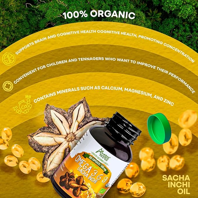 Amazon Andes Sacha Inchi Oil Capsules - Source of omegas 3, 6 and 9 - Healthier Source of Essential Fatty Acids - Vegan, Non-GMO, Allergen-free & Gluten Free - 100 Softgel Pills (500mg) - Made in Peru