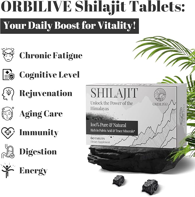 30,000 MG Shilajit Tablets, 100% Shilajit Pure Himalayan Organic, Shilajit for Men and Women Rich in Fulvic Acid & 85+ Trace Minerals, Shilajit Supplement for Energy & Immune System, 60 Count