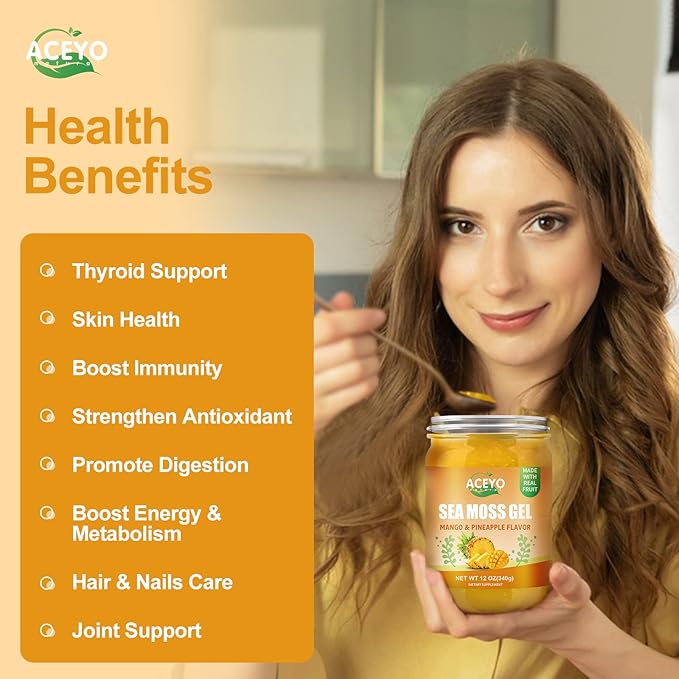 ACEYO (12 OZ) Irish Sea Moss Gel Raw Vegan Mango Pineapple Flavor 102 Vitamins and Minerals Wild Harvested Non-GMO Immune Defense Booster Thyroid Digestive Support