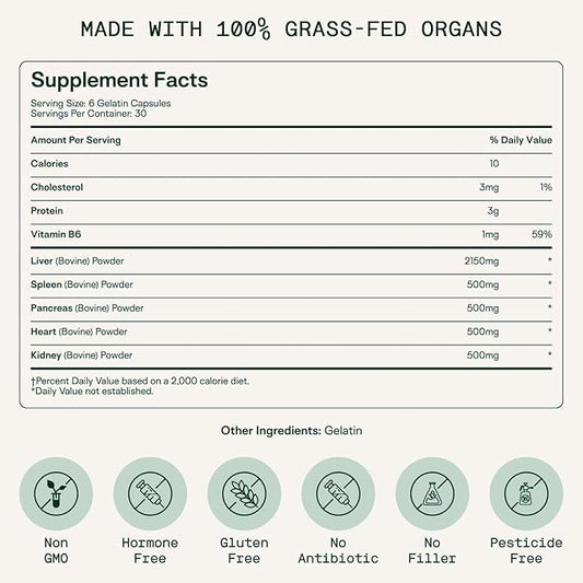 Adapt Naturals Organ Supplement, Bioavailable Grass Fed Beef Liver Capsules, Blend of Liver, Heart, Kidney, Pancreas & Spleen, Support Liver Cleanse Detox & Repair | Source of CoQ10-30 Days Supply