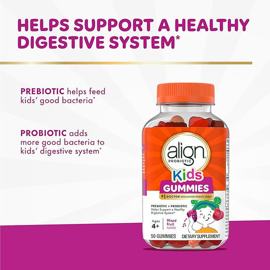 Align Probiotic, Kids Gummies, Prebiotic + Probiotic helps support a healthy digestive system*, #1 Doctor Recommended Probiotic Brand‡, 50 Gummies Packaging may vary