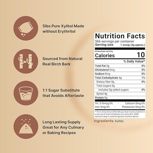 NatureBell Xylitol Sweetener, 5lbs | Natural Birch Crystal Source – 1:1 Sugar Substitute – Sweet Flavor with No Erythritol – Low Calorie & Glycemic Impact – Sugar Free, No Aftertaste, Non-GMO