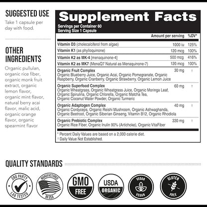 Total K2® | Vitamin K2 as MK7 & MK4 | Plus K1 & Vitamin D3 Cofactor - 620 mcg K2 per Serving - All-Trans MK7 from MenaQ7® - Full-Spectrum Vitamin K - Vegan, Organic Certified (60 Capsules)