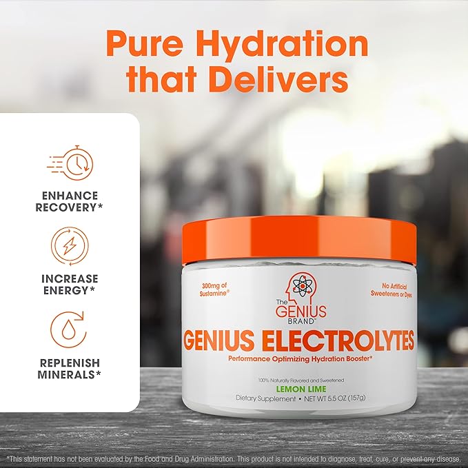 The Genius Brand Genius Electrolytes - Electrolyte Powder for Active Lifestyles - Supports Hydration, Energy, Endurance, Muscle Growth & Recovery - Lemon Lime - 30 Servings