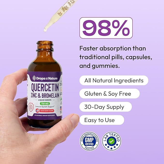 Quercetin with Bromelain & Zinc (5mg) Liquid Drops – Immune Support for Adults & Kids – Ultra-Concentrated Bioflavonoids – Immune Defense – Cellular Health – Vegan, Non-GMO, Gluten Free – 2 Fl Oz