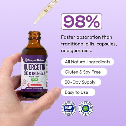 Quercetin with Bromelain & Zinc (5mg) Liquid Drops – Immune Support for Adults & Kids – Ultra-Concentrated Bioflavonoids – Immune Defense – Cellular Health – Vegan, Non-GMO, Gluten Free – 2 Fl Oz