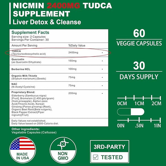 TUDCA Supplements 2400MG, Bile Salts Complex for Liver Detox & Gallbladder Cleanse, Anti-Aging for Men and Women, Digestive Health 60 Capsules