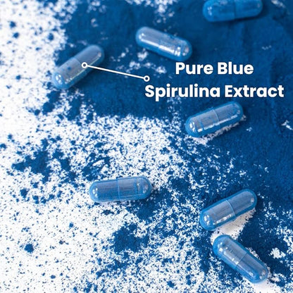 Organic Pure Blue Spirulina Capsules | Natural Superfood | Prebiotic Phycocyanin Supplement | Healty Skin, Oral Health, & Wound Recovery | 30 Serving Bottle