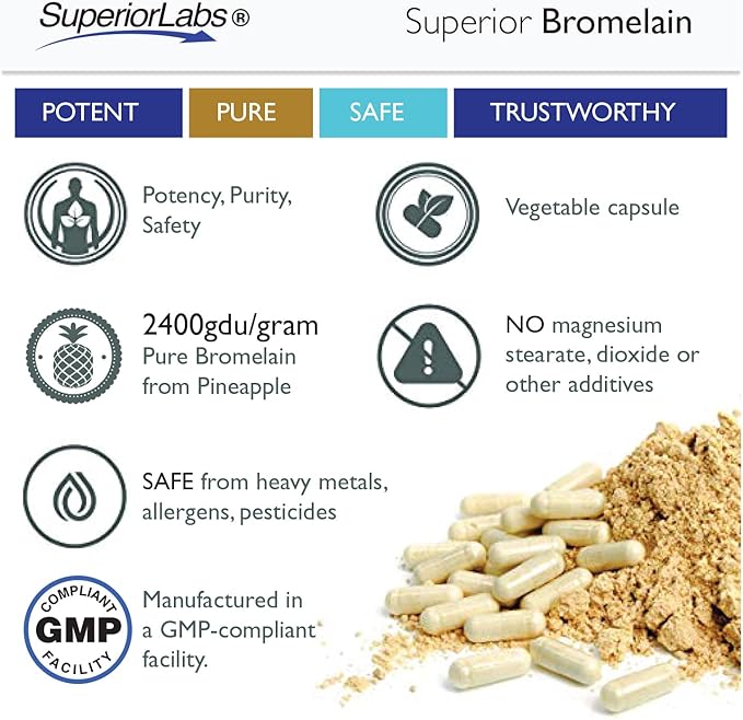Superior Labs Bromelain 500mg – 2400 GDU/Gram Non-GMO Pineapple Enzyme, Plant-Based Digestive Support, Promotes Joint Comfort & Tissue Health – 120 Veg Caps