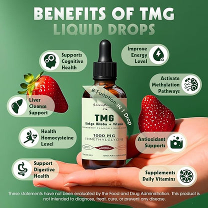 TMG Supplements 1000MG Liquid - 16-in-1 Trimethylglycine for Liver, Energy & Methylation Support - w/Ginkgo Biloba & Vitamins - Vegan High Absorption - Strawberry Flavor 1 Fl.Oz (2 Pack)