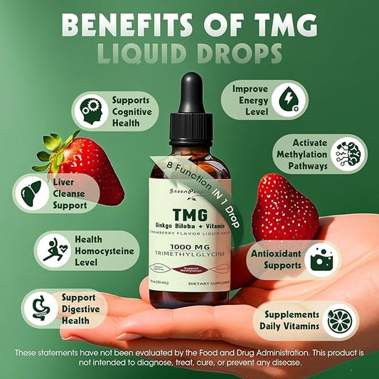 TMG Supplements 1000MG Liquid - 16-in-1 Trimethylglycine for Liver, Energy & Methylation Support - w/Ginkgo Biloba & Vitamins - Vegan High Absorption - Strawberry Flavor 1 Fl.Oz (2 Pack)