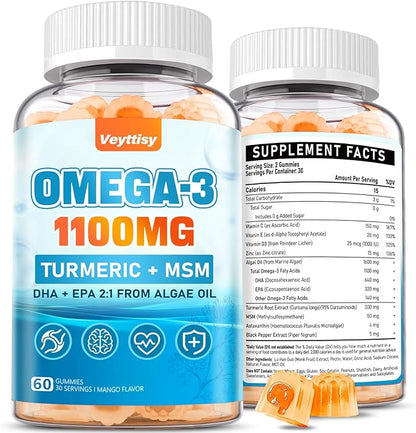 Vegan Omega 3 Gummies 1100mg + Turmeric - Alage Oil Omega 3 Supplement for Adults with DHA 640mg & EPA 320mg - Plus MSM, Astaxanthin, Vitamin E, D3, Black Pepper, Sugar-Free, 60 Counts