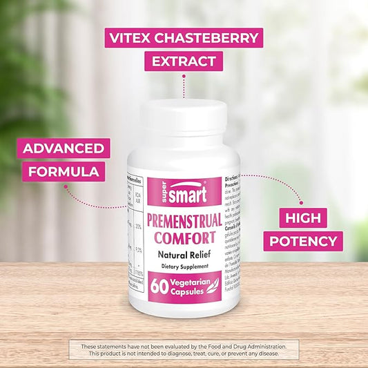 SuperSmart - Premenstrual Comfort (Advanced Formula) - Vitex Chasteberry Supplement for Women - Vitex Agnus-Castus & Vitamin B6 | Non-GMO & Gluten Free - 60 Vegetarian Capsules