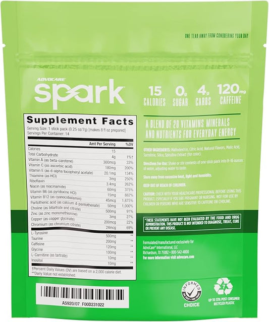 AdvoCare Spark Vitamin & Amino Acid Supplement - Focus & Energy Drink Powder Mix with Vitamin A, B-6, C & E - Also Includes L-Carnitine & L-Tyrosine - Limeade, 14 Stick Packs