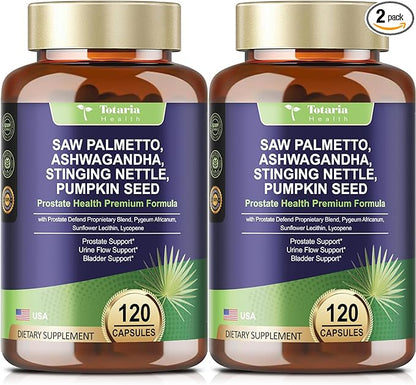 2Pack Organic Saw Palmetto - Prostate Health Supplements for Men with Ashwagandha Root, Stinging Nettle, Pumpkin Seed, Prostate Defend Propnietary Blend, DHT Blocker, 240 Count