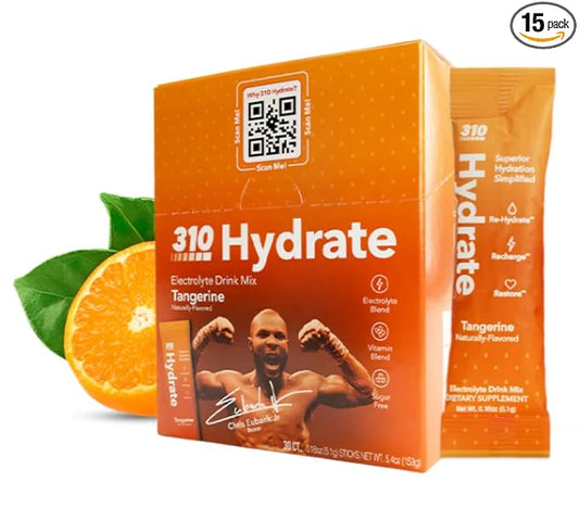 310 Nutrition Hydrate Electrolyte Powder Packets – Chris Eubank Jr. Edition – Electrolytes & B Vitamins – Keto Friendly Drink Mix – On-The-Go Hydration – 15 Single Serve Packets, Tangerine Flavor