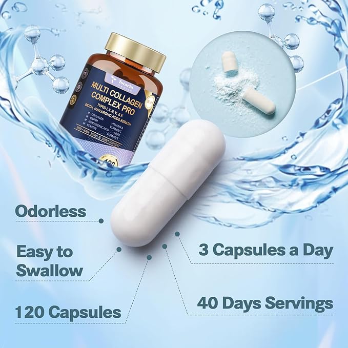 18-in-1 Collagen Pro with Hyaluronic Aicd, Keratin, Biotin, VIT A C & E for Skin, Hair, Nails, Joint & Beauty - Multi Collagen Peptides Capsules with Type I II III V & X for Women & Men - 120 Caps