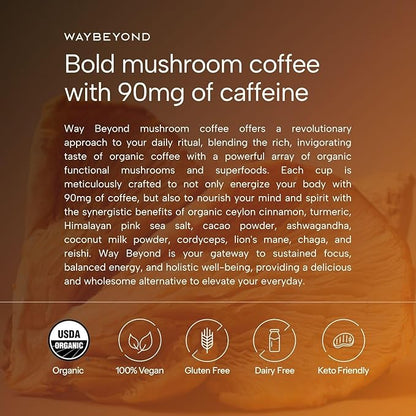 WAY BEYOND Organic Instant Bold Mushroom Coffee with 90mg Caffeine, Adaptogenic Mushrooms for Increased Focus, Energy, Digestive Health, and Stress Relief