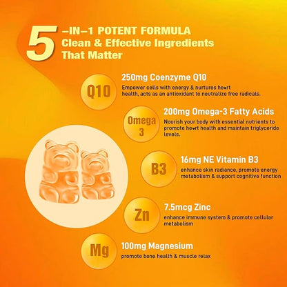 2 Pack CoQ10 Gummies, Plus Omega-3, Vitamin B3 and Zinc, Magnesium, 5X High Absorption Coenzyme Q10 Supplements, q10 for Boost Cellular Energy, Potent Antioxidant & Brain, Peach Flavor, 120 Cts