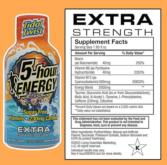 5-hour ENERGY Extra Strength Energy Shot, Tidal Twist (1.93 oz., 30 Count), Zero Calories & Sugar-Free 230 mg Caffeinated Energy Shot, Amino Acids & B Vitamins, Dietary Supplements, , Pina-Colada Flavor