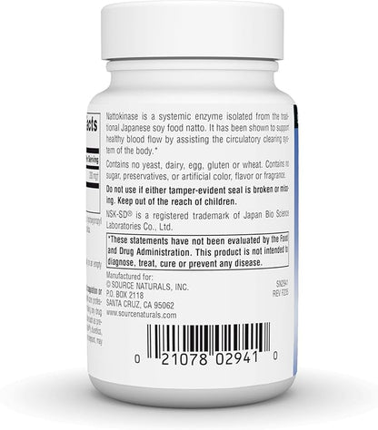 Source Naturals NSK-SD, Nattokinase, Vegetarian Friendly, Whole Body Systemic Enzyme for Healthy Circulation*, 200 mg - 60 Vegetarian Capsules