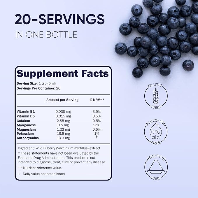 Wild Bilberry Extract for Eyes USDA Organic 3.4oz Bottle of Liquid Bilberry Anthocyanin Alcohol-Free European Blueberry Bilberry Supplement for Eyes High Bioavailability Liquid Extract
