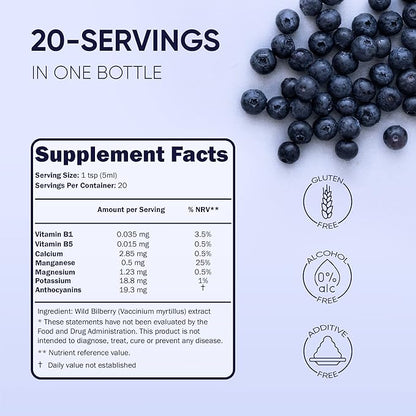 Wild Bilberry Extract for Eyes USDA Organic 3.4oz Bottle of Liquid Bilberry Anthocyanin Alcohol-Free European Blueberry Bilberry Supplement for Eyes High Bioavailability Liquid Extract