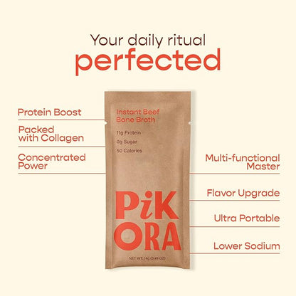 Pikora Beef Bone Broth Instant Powdered Mix (3 Pack, 12 Servings) | High-Protein, Gluten-Free, Collagen-Rich, No Sugar, Keto & Paleo Friendly | 11g Protein, 50 Calories per Serving