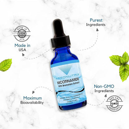 Absonutrix Nicotinamide with Bromelain Extract Advanced Formula 390 mg, 4 Oz Liquid, 302 Servings, Made in USA, Quick Absorption, Quality Potent Ingredients, Non-GMO, GMP Certified Facility