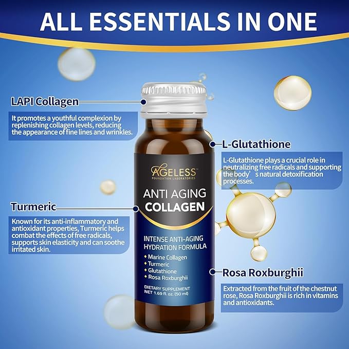 Ageless Ultra Anti Aging Liquid Collagen for Men & Women, Marine Collagen, Turmeric, Glutathione, and Rosa Roxburghii, Multi Vitamins, Skincare, Hydrating & Revitalizing Formula - 50 ml (30 Count)
